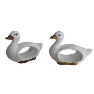 White Hand Painted Ceramic Duck Napkin Rings X 2